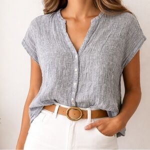 Tahari 100% Linen Boxy Button Front Top Large Blue Gray Relaxed Fit